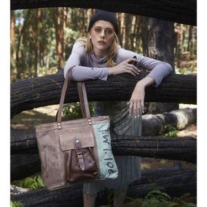 Myra Bag Handmade Vintage Tote Bag Upcycled Canvas & Cowhide Leather